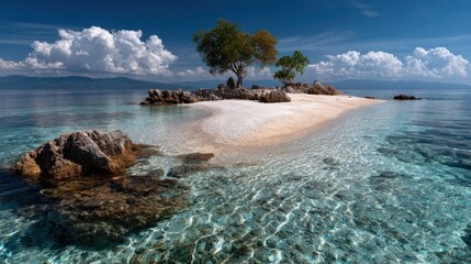 Small sandy islet with trees, surrounded by crystal-clear water under a partly cloudy sky