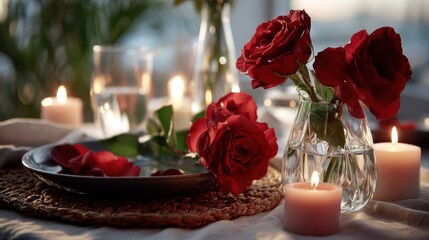 Romantic table setting featuring red roses, candles, and a plate with petals