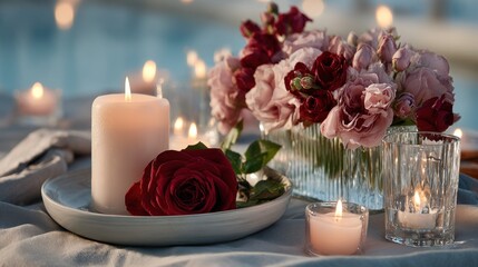 Romantic table setting w/ candles, flowers, & a rose on a light linen tablecloth