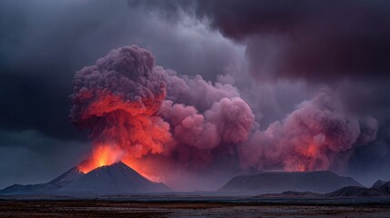 Volcanoes erupt dramatically, spewing fiery lava and dark, ominous plumes against a cloudy sky