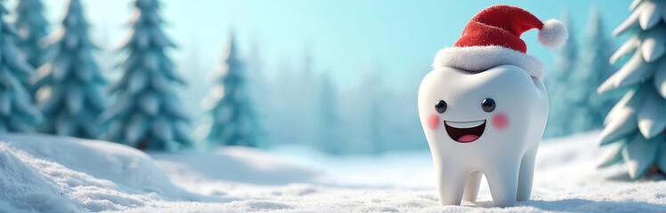 Smiling tooth wears Santa hat in snowy forest. Festive cartoon character promotes dental care during winter holidays and Christmas season. Fun holiday theme for dental ads.