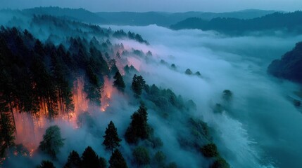 Aerial view of a forest fire amidst fog rolling over trees near a river at dusk
