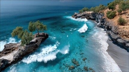 Aerial view of a turquoise ocean meeting a rocky coast with beach and trees