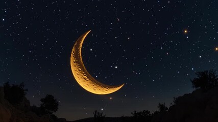 The waxing crescent moon and starry night sky over a mountain landscape, with silhouettes of vegetation at the foreground. - Powered by Adobe