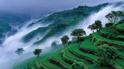 Lush green terraced fields on a misty mountainside with scattered trees