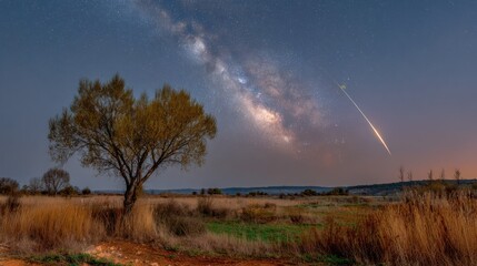 Night sky over field with tree, Milky Way, and falling star streak
