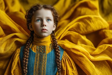 A young girl in ornate, traditional clothing gazes thoughtfully against a golden fabric backdrop. Heritage, innocence, cultural richness, essence of glory, determination associated with Ukraine.