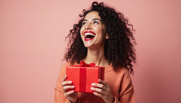 Happy young woman holds red present box with ribbon. Laughs, looks up with joy on pink background. Female celebrates birthday, holiday, event with surprise gift. Adult girl smiles with excitement,