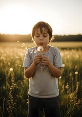 Child blowing a dandelion in soft afternoon light