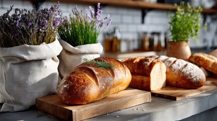 Rustic kitchen scene featuring baked bread, herbs in cloth bags, and natural light