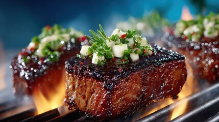 Sizzling grilled steak with herb topping, flames below, close-up shot of delicious meat