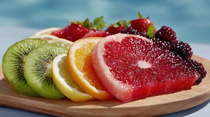 Sliced assorted fruits arranged on a wooden platter with a blurred water background