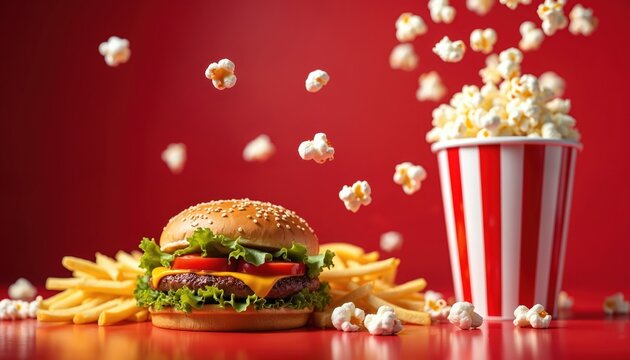 Burger with french fries, popcorn on red background. Cheeseburger includes beef patty with lettuce tomatoes, cheese. Take away fastfood includes junk unhealthy eating, beverage. Movie snack concept