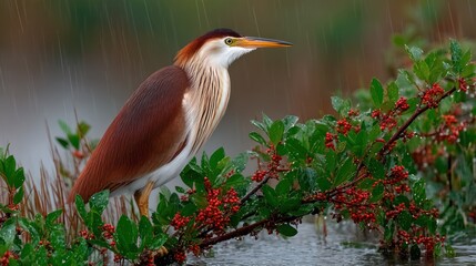 A brown and white bird with a long beak perched on a branch in the rain