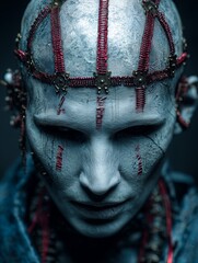 A striking face with metallic skin and red, stitched details exudes an otherworldly, ritualistic vibe. The image evokes mystery, intensity, and avant-garde artistry. Replicant robotic person, concept.