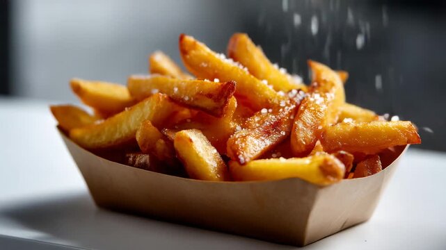 serving of golden crispy French fries in a simple brown paper cup, isolated on a clean white background. The fries are perfectly fried with a crunchy texture and warm golden colo