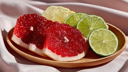 Citrus fruits, sliced and arranged on a wooden platter against a soft, pink background