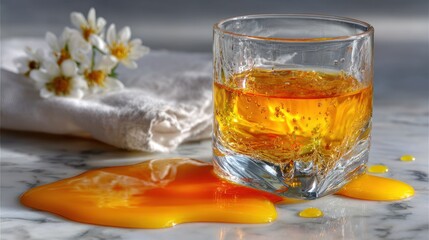 A spilled golden liquid next to a glass, cloth, and flowers on a marbled surface