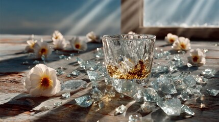 A glass with liquid amid shards, flowers, and natural light on a rustic surface