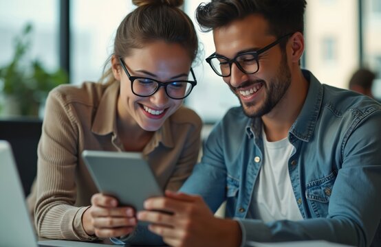 Two colleagues share laugh while looking at tablet device in modern office setting. They are both smiling and appear engaged with content, possibly collaborating on project or discussing ideas. - Powered by Adobe