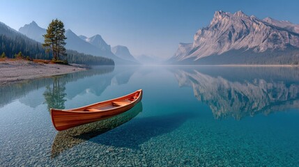 Tranquil scene with a wooden boat floating on a crystal-clear lake reflecting mountains