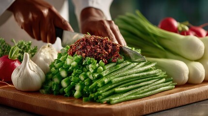 Close-up of chef hands chopping fresh green vegetables on a wooden cutting board