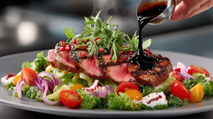 Gourmet dish of sliced seared meat on a salad, with sauce being drizzled over it