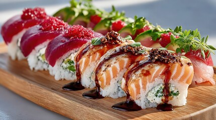Close-up of colorful sushi rolls arranged on a wooden board