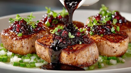 Grilled meat medallions topped with a pomegranate and herb sauce being drizzled on