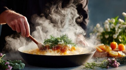 A chef serves a steaming dish with wooden spoon, adorned with dill & citrus