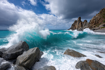 Turquoise Ocean Waves Crashing on Rocky Coast