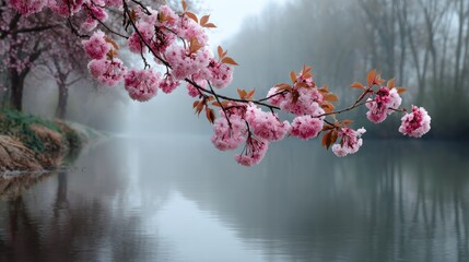 Branch of pink blossoms arches over misty water, reflected with muted tones