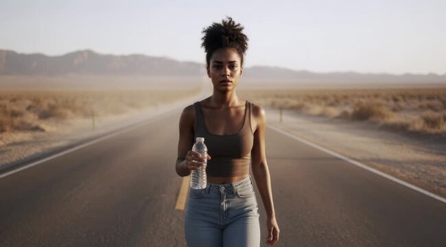 A determined runner holds a water bottle while preparing mentally for a long training session outdoors