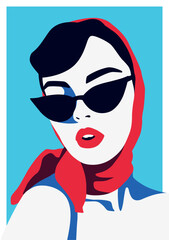 Pop art portrait of stylish woman in sunglasses and red headscarf on blue background