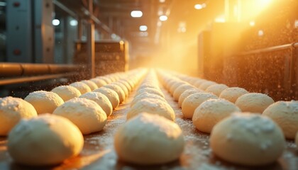Many raw dough balls move on long conveyor belt in large bakery factory. Flour dust sprinkles onto fresh pastry. Warm light glows over food production line, showing modern bread making process.