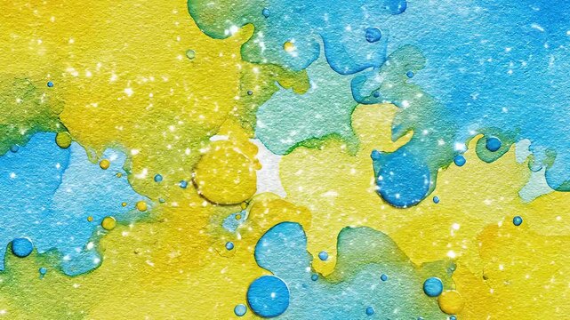 Abstract Watercolor Background with Yellow and Blue Splashes and Glitter.
