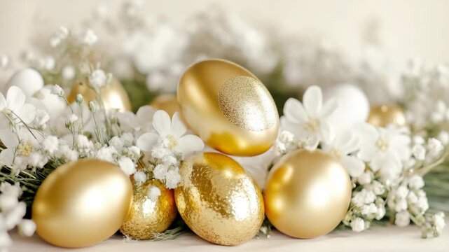 A festive Easter decoration featuring gold and white eggs arranged amongst flowers.