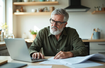 Fototapeta premium Aged man works on laptop at home. Mature freelancer reads documents, uses computer in kitchen. Senior types on keyboard. Male works remote job online. Grandfather wears glasses, has beard