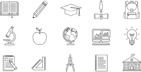 Minimal education line icons set, academic symbols collection, vector illustration, school supplies, graduation cap, diploma, backpack, microscope, apple, globe, computer analytics