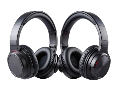  Black Gaming Wireless Headphones Front View, Modern Audio Gadget Mockup, Isolated on Transparent Background