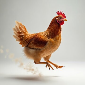 Hen illustration runs away from farm. Chicken jumps scared on farm. Bird with feathers flees from henhouse. Cock illustration escapes. Redhead chicken running, leaving dust behind. Poultry symbol of