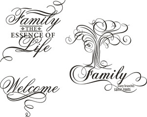 Fototapeta premium Home and Family quote decors, vector wall art series. Ornamental calligraphy inspirational sign designs, lettering phrases for posters, wall decals, love quotes, family holiday signs, greeting cards.
