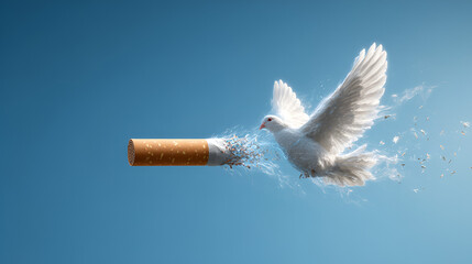 White dove breaking a cigarette in midair representing anti-smoking message, health awareness and freedom from addiction