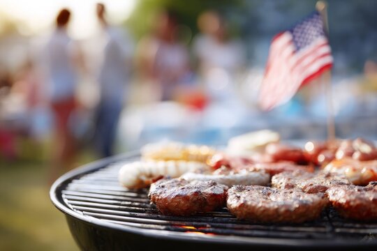 USA Independence Day barbecue grills burgers and sausages, flag waves, people gather outdoors.