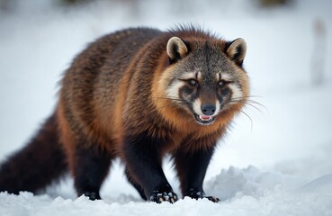 Naklejka premium Tanuki dog stands on snow. Mammal looks at camera with open mouth. Animal has black paws. Winter forest wild nature. Furry wildlife canine predator in snowy landscape.