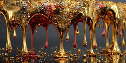 Viscous gold cascades down a dark surface, forming shimmering rivulets and sparkling droplets. The image captures indulgence, richness, and culinary artistry.