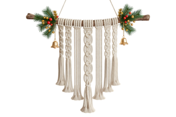 Beautiful Christmas macrame wall hanging, festive holiday decor, pine branches, red berries, golden bells, cozy winter aesthetic, celebration background, handmade craft, natural elegant style