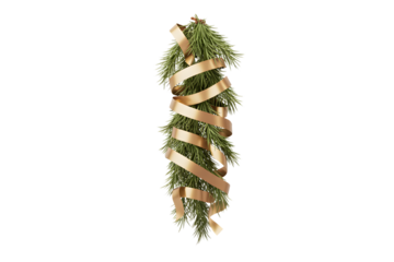 Elegant Christmas pine branch with golden ribbon, festive holiday decor, winter celebration, cozy background, aesthetic design element, seasonal greeting card, isolated.