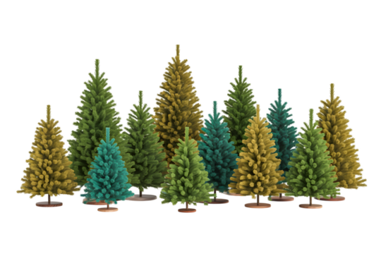 Colorful miniature Christmas trees, festive decor, green, yellow, teal hues, cozy holiday background, winter celebration, elegant design, aesthetic display, modern seasonal illustration. - Powered by Adobe