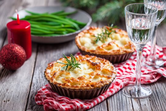 Savory mini pies with mashed potato, rosemary topping, festive meal served on rustic wooden table.